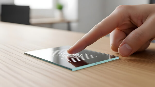 A human hand gently touches a futuristic transparent glass display with a glowing circular design, representing advanced technology and interaction. - Powered by Adobe