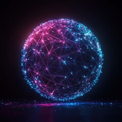 Abstract connected network sphere built from neon threads and light points representing digital society technology flow innovation cinematic lighting clean stock style 