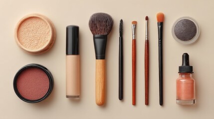 Flat lay of various makeup products and brushes on a light surface, showcasing beauty essentials for makeup application and cosmetic artistry.