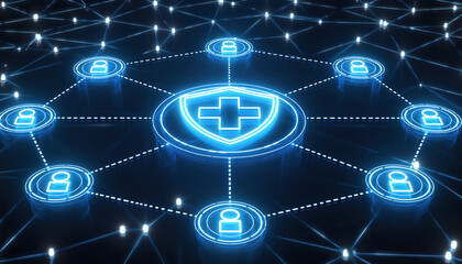 Fototapeta premium Connected health network symbolizing security and accessibility of healthcare with a neon blue glow and a dark background. The central shield showcases a medical cross.