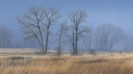 Fototapeta premium Tall deciduous trees stand amidst golden winter grasses shrouded in atmospheric blue haze