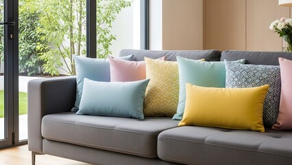 Soft colorful pillows on grey sofa sit by the window of modern house.