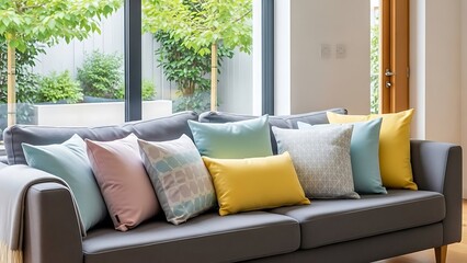 Comfortable budget-friendly soft colorful pillows on grey sofa sit by the window of modern house.