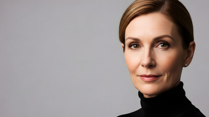 A confident and elegant middle-aged Caucasian businesswoman with her hair pulled back wears a black turtleneck, looking directly at the camera with a subtle smile.