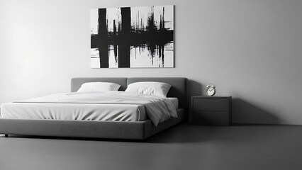 Comfortable budget-friendly photo of grey simple room with black and white elements. In the corner big bed and nightstand with clock alarm