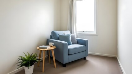 Comfortable budget-friendly simple modest room with sofa chair in a small room