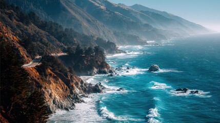 Winding coastal highway hugs rugged cliffs overlooking deep blue ocean water
