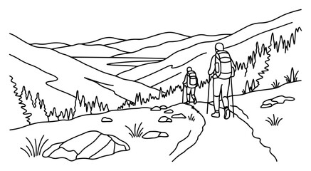 Two hikers with backpacks trekking on mountain trail landscape line art © AnimalZOO