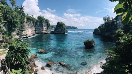 Coastal scene features rugged cliffs and bright turquoise water meeting a tropical shore.