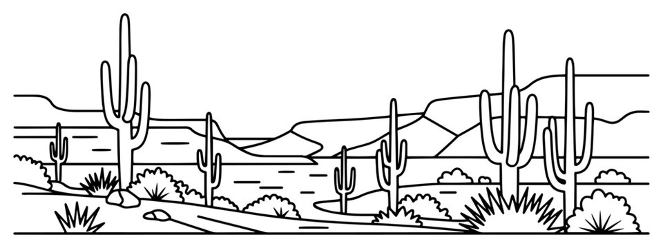 Desert landscape with saguaro cactus and rocky mountains line art