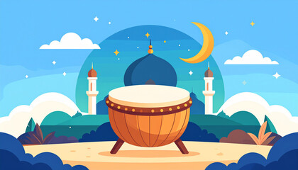 Ramadan drum celebrating Islamic holy month under crescent moon and mosque domes