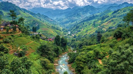 Lush green terraced hillsides frame a winding river valley with scattered dwellings under a dramatic sky