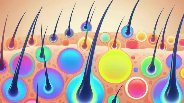 Hair shafts grow with colorful follicles inside human skin. Hair care and growth concept for dermatology.