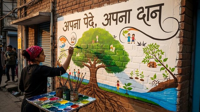 Artist painting tree mural on wall.