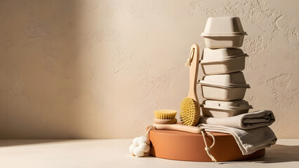 A towering stack of sustainable beauty and self-care products, including brushes, towels, and recyclable containers, creates an eco-friendly display.