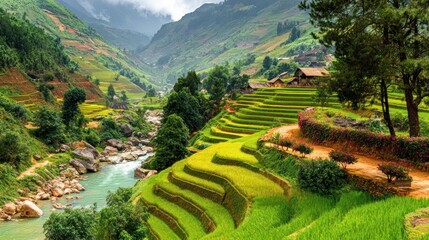 Steep emerald rice terraces cascade down a verdant mountain valley beside a flowing stream