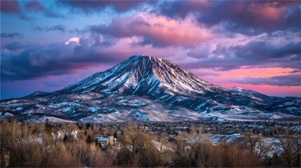 Majestic snow covered mountain peak dominates the horizon under a dramatic twilight sky