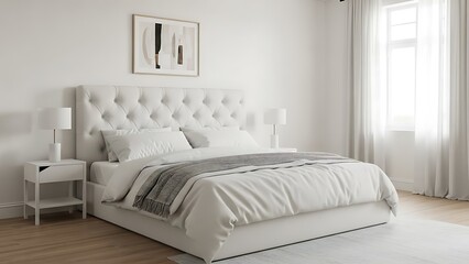 Big double bed with headboard in white simple bedroom