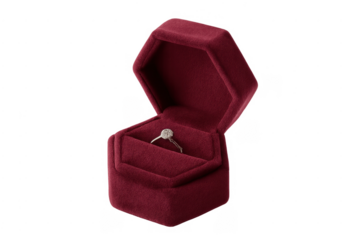 Engagement ring in red velvet box with transparent background