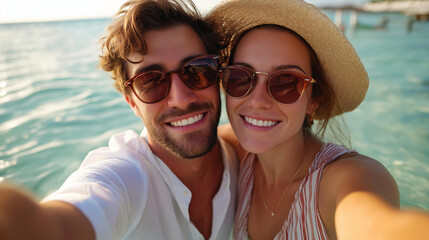Obraz premium Couple taking a selfie in shallow ocean water, faceless tropical vacation vibe, bright colors, with copy space