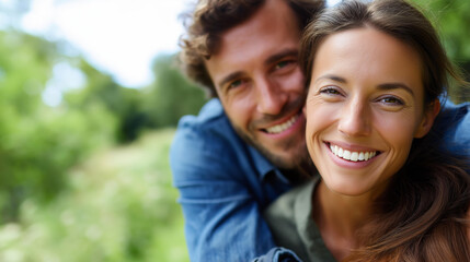 Fototapeta premium Smiling couple hugging in a green park, faceless outdoor portrait, casual clothing, relationship and happiness theme, shallow depth of field, with copy space