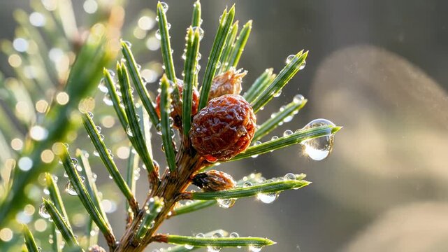 Close-up of a pine branch with a pinecone and water droplets on the needles