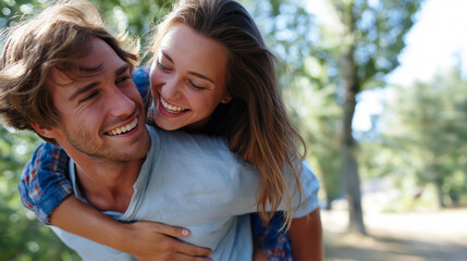Fototapeta premium Piggyback ride in a park, faceless playful romance, candid lifestyle moment, with copy space