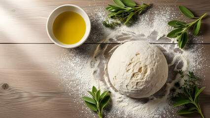 A rustic wooden surface displays a freshly kneaded ball of bread dough generously dusted with flour, accompanied by a bowl of olive oil and aromatic herbs.