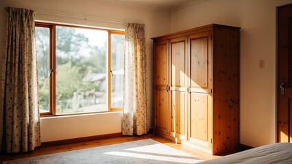 A modestly designed room featuring a wooden wardrobe, patterned curtains, and a large window allowing natural light to pour in.