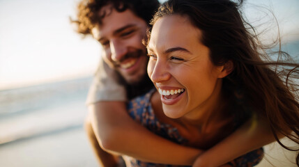 Playful couple enjoying a piggyback ride on the beach, faceless joyful interaction, summer lifestyle, motion blur, with copy space