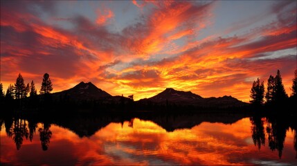 Vibrant orange and red clouds illuminate a mountain reflection over still water during twilight