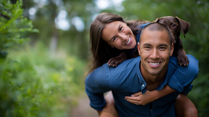 Fototapeta premium Couple with a puppy enjoying piggyback ride in park, faceless playful lifestyle, greenery blur, with copy space