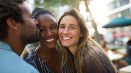 Obraz premium Three young adults sharing affection outdoors, faceless friendly interaction, modern relationship theme, urban background blurred, with copy space