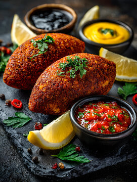delicious lebanese arabic food kibbeh kibe with sauces and lemon on black slate stone and granite background with traditional keffyeh no logos no brands ar 34