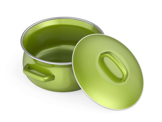 Empty green enamel cooking pot on white background