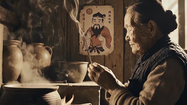 Elderly Chinese Woman Praying to Kitchen God representing Zao Jun Festival Traditions.