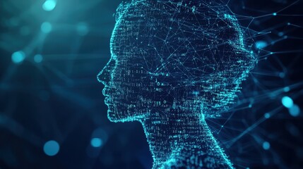 Human silhouette made from flowing code and network lines merging with global data web concept of digital identity future technology depth contrast