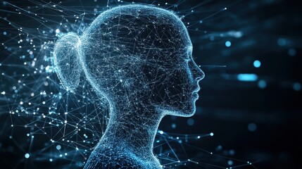 Human silhouette made from flowing code and network lines merging with global data web concept of digital identity future technology depth contrast