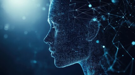 Human silhouette made from flowing code and network lines merging with global data web concept of digital identity future technology depth contrast