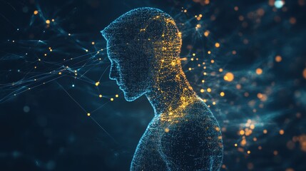 Human silhouette made from flowing code and network lines merging with global data web concept of digital identity future technology depth contrast