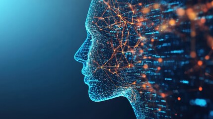 Human silhouette made from flowing code and network lines merging with global data web concept of digital identity future technology depth contrast