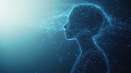 Human silhouette made from flowing code and network lines merging with global data web concept of digital identity future technology depth contrast