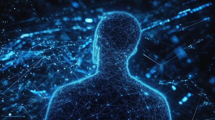 Human silhouette made from flowing code and network lines merging with global data web concept of digital identity future technology depth contrast