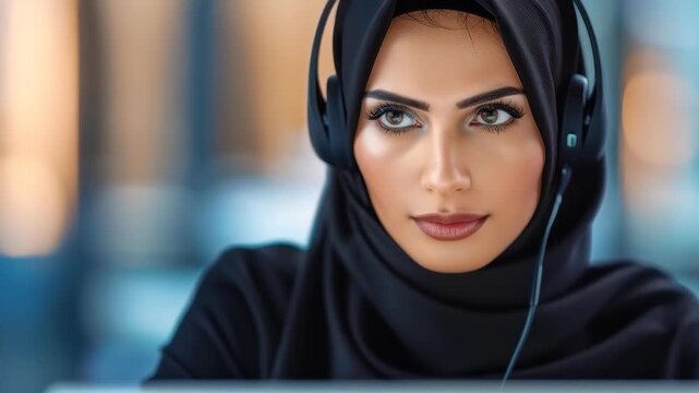 Modern Professionalism: A professional woman, adorned in traditional attire, focuses intently while wearing a headset.