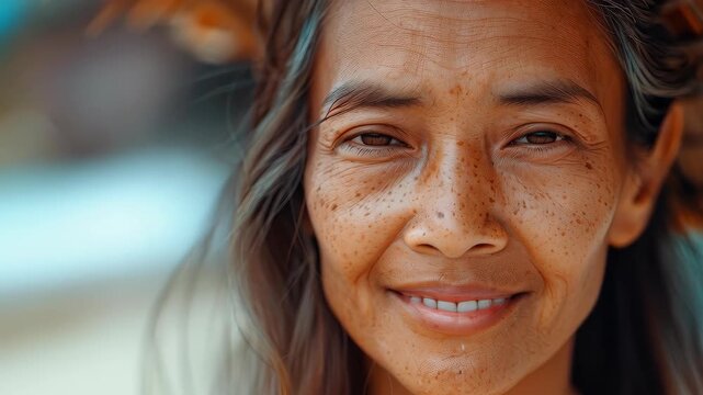 Embracing Radiance: A portrait of a woman of Asian descent, exuding wisdom, warmth, and natural beauty. This close-up shot captures the essence of her spirit and the story etched on her face.