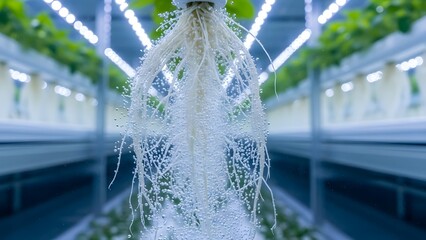 Underwater view of pristine white vegetable roots growing in a nutrient-rich aerated hydroponic solution with oxygen micro-bubbles
