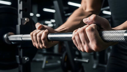 A close-up view shows a person's hands gripping a textured barbell, preparing for an intense strength training workout in a gym.