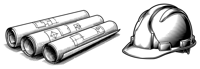 Rolled architectural blueprints and safety hard hat for construction in vintage style © InsomniaVideo