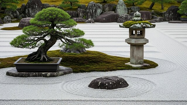 Bonsai tree and stone lantern garden.