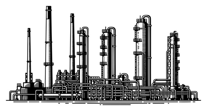 Large industrial oil refinery plant with pipes and chimneys in engraving style